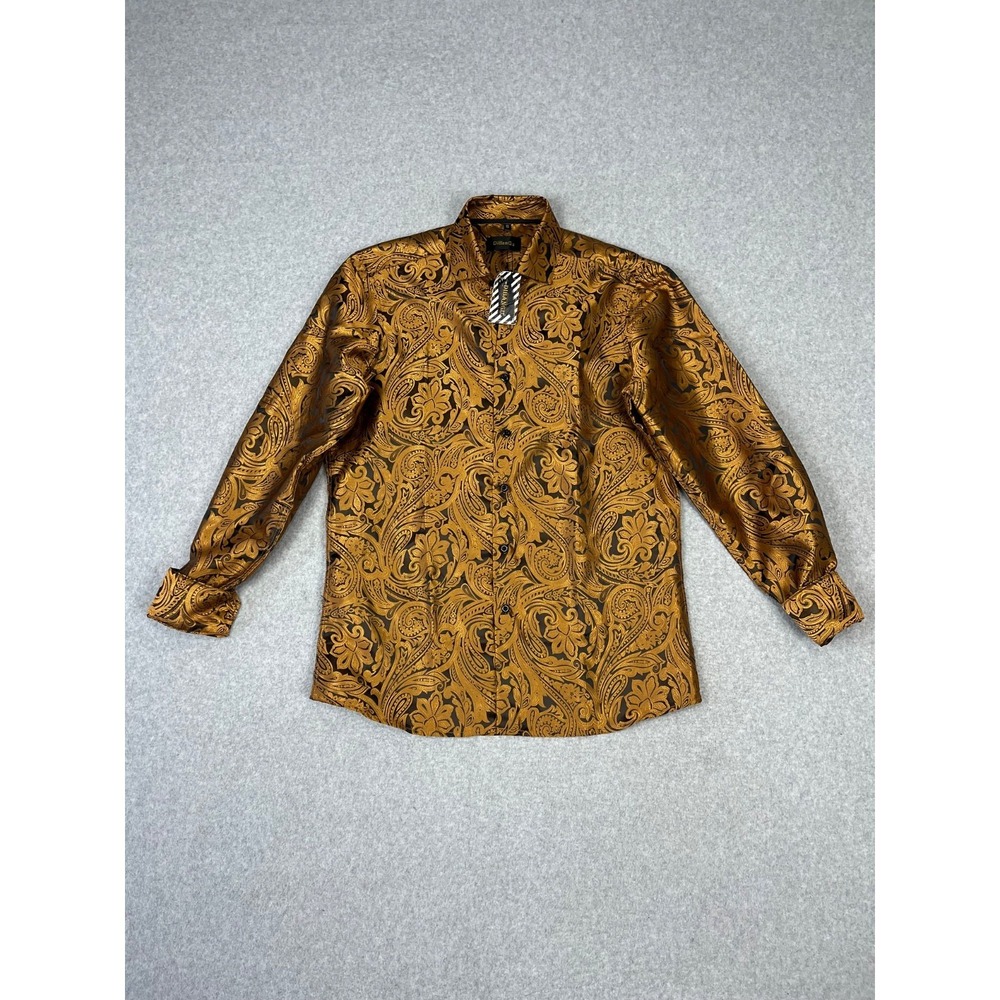 Dibangu Shirt Mens S‎ Golden Brown Silk Floral Long Sleeve Shimmer  Button Up